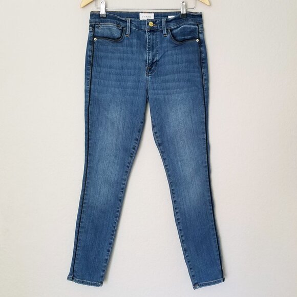 Frame Le High Skinny Jeans 31 Side Stripe Piping Stretchy Twinhill Blue $230 - Picture 4 of 16
